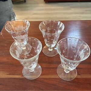 Vintage Stemmed Juice/Water Glasses Etched Floral  Design Set of 4